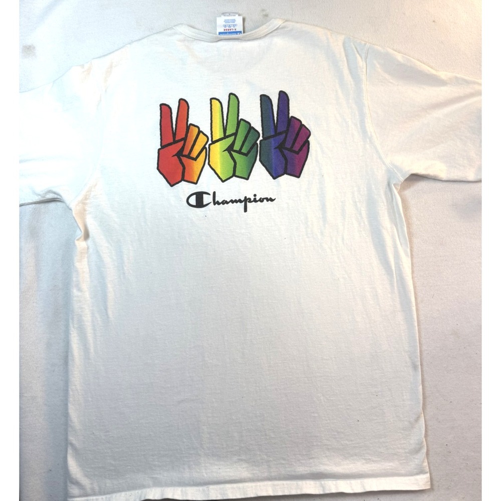 Champion Pride Peace Signs TShirt Mens XL White Rainbow Logo Graphic Back Tee